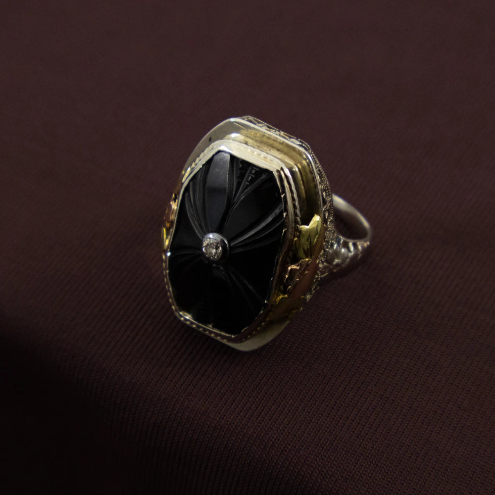 Antique Onyx & Diamond Ring, 14ct White Yellow & Pink Gold