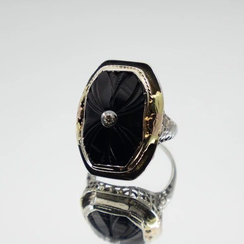 Antique Onyx & Diamond Ring, 14ct White Yellow & Pink Gold