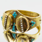 Victorian Pearl and Turquoise Hinged Mourning Bangle, 15ct Yellow Gold