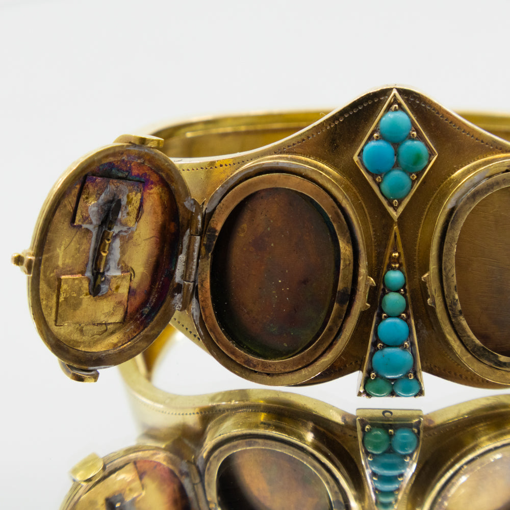 Victorian Pearl and Turquoise Hinged Mourning Bangle, 15ct Yellow Gold