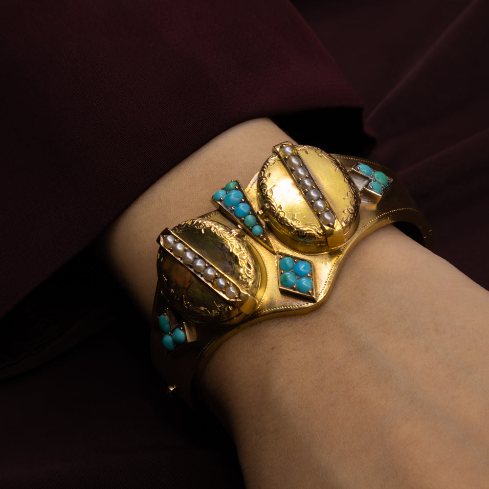 Victorian Pearl and Turquoise Hinged Mourning Bangle, 15ct Yellow Gold